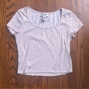 Just Polly Top Womens Size Large White Floral Short Sleeve NWOT
